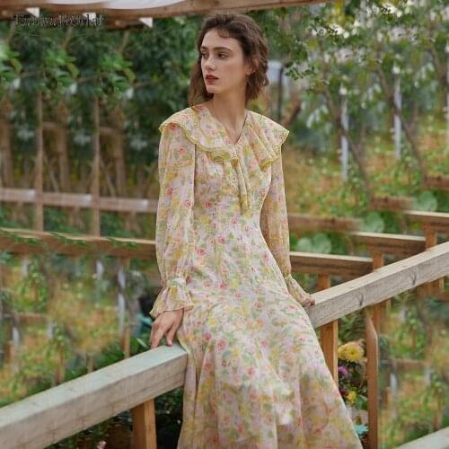 Long Sleeve Printed Retro Bridesmaid Dresses V-Neck Vintage Formal Gowns Tea Length Spring summer 2021 Festa DB039