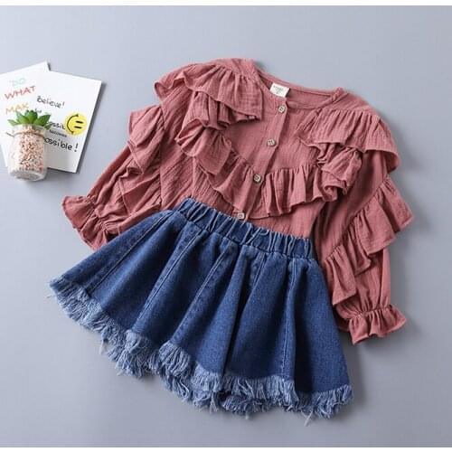 Pudcoco Girls' cotton & denim fabric two-piece suit childrens solid color ruffled shirt raw edge denim skirt for 3-9 Years kids
