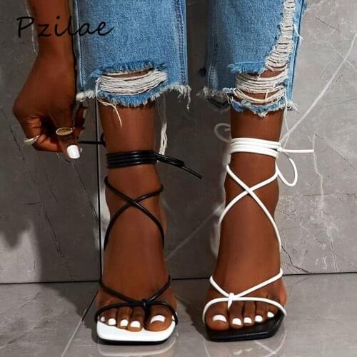 Pzilae New Fashion Sexy Lace Up Women Sandals Square Toe Thin Heel Cross Tied Party Shoes High Heel 9CM Black White Size 35-42