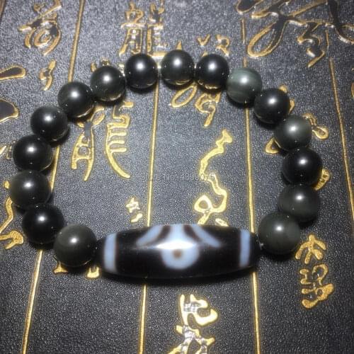 Tibetan Dzi Bead Bracelet 12*40mm Valuble Dzi Bead 10mm Natural Obsidian Bracelet Men&Womens Jewelry Free Shipping