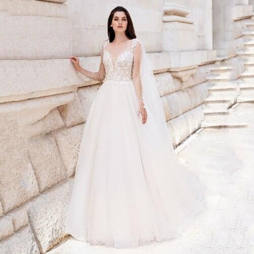 UZN Gorgeous A-Line Tulle Wedding Dress Scoop Neck Lace Appliques Beading Bridal Gown Sexy Backless Brides Dress