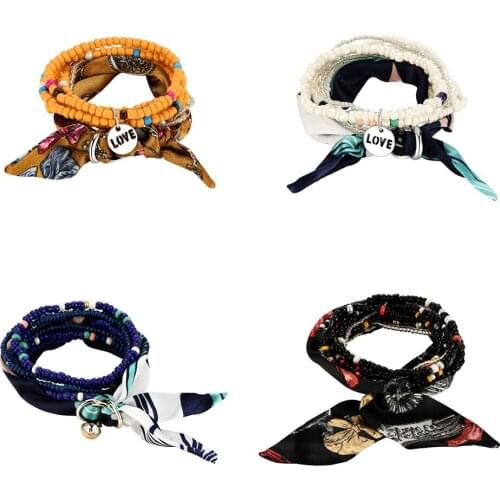 Bohemian Style Multilayer Rice Bead Bracelet Silk Scarf Bowknot LOVE Round Card Layered Hand Chain Women Party Jewelry