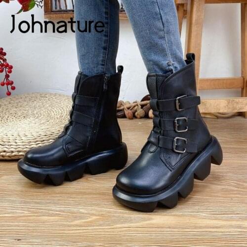 Johnature Genuine Leather Ankle Boots Women Shoes Zip Round Toe 2021 New Winter Concise Sewing Handmade Leisure Platform Boots