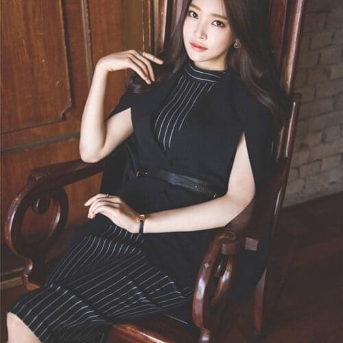 Business Office Lady Blazer Dress Sets 2020 New Winter Black Cloak Shawl Jackets Striped Knee-Length Dress 2 Piece Suits Sets