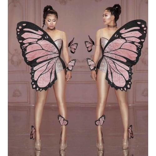 Halloween New Bling Pink Butterfly Wings Rhinestones Bodysuit Dance Costume Women Show Performance Stage Wear Cosplay Costume