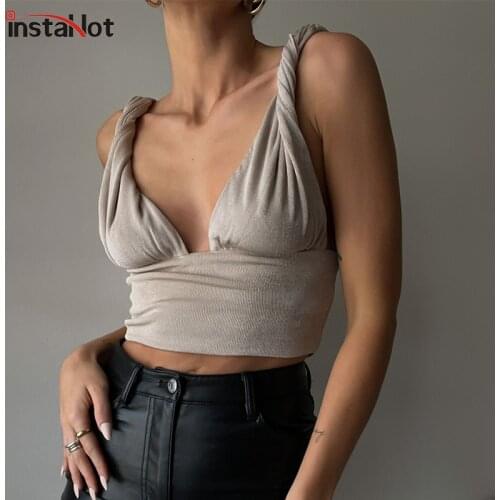 InstaHot Hollow Out Folds Solid Crop Top V -Neck Sexy Streetwear Vintage Casual Women Tank Summer 2021 Elegant Female Y2K Top