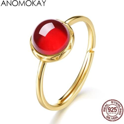 Anomokay Classic Big Red Garnet Gold Color Rings for Women Mom Gift 100% 925 Sterling Silver Resizable Ring Luxury Jewelry