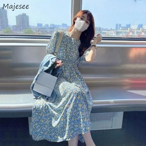 Dress Women Summer Elegant Retros Floral Korean Style Loose Holiday Female Beachwear O-neck Cute Drawstring College Casual Chic