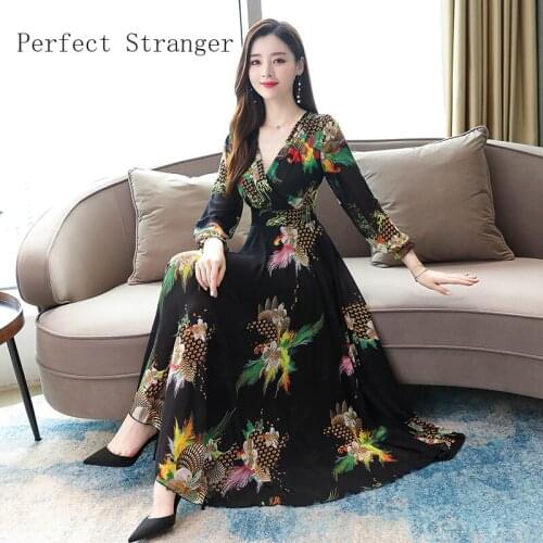 High Quality Elegant 2019 Autumn New Arrival Plus Size M-3XL V Collar Flower Printed Long Sleeve Woman Chiffon Long Dress