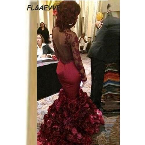 2021 Wine Red Evening Dress Mermaid Long Sleeves Backless Floor Length with Flower Train Lace Appliques Evening Prom Party Gowns