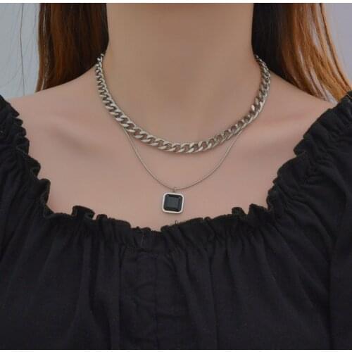 316L Stainless Steel New Fashion Upscale Jewelry 2 Layer Zircon Cube Charms Thick Chain Choker Necklaces & Pendants For Women