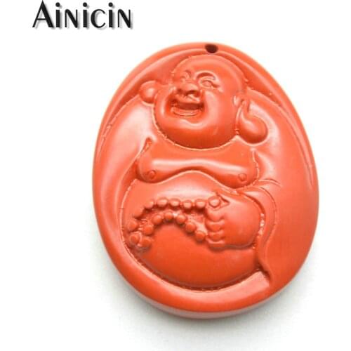 5pcs Natural Cinnabar Powder Pressed 26x34mm Laughing Buddha Pendants Fashion Women Necklace Making Findings