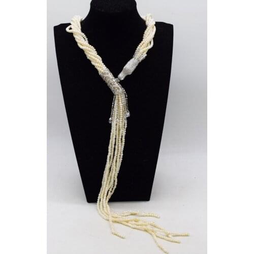 7rows freshwater pearl white near round dragon zircon clasp long necklace3-4mm 35inch wholesale beads FPPJ