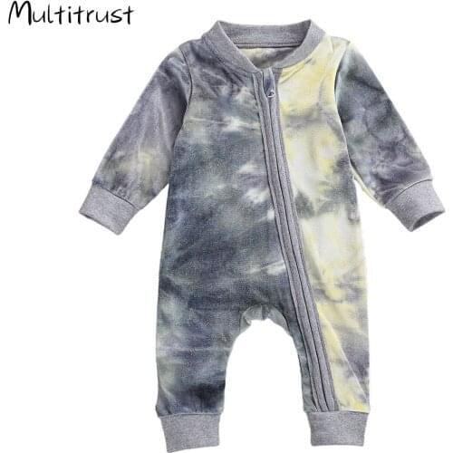 Newborn Infant Baby Boy Girls Velvet Zipper Romper Long Sleeve Tie Dye Print Romper Jumpsuit Baby Girls Autumn Sleepwear Clothes
