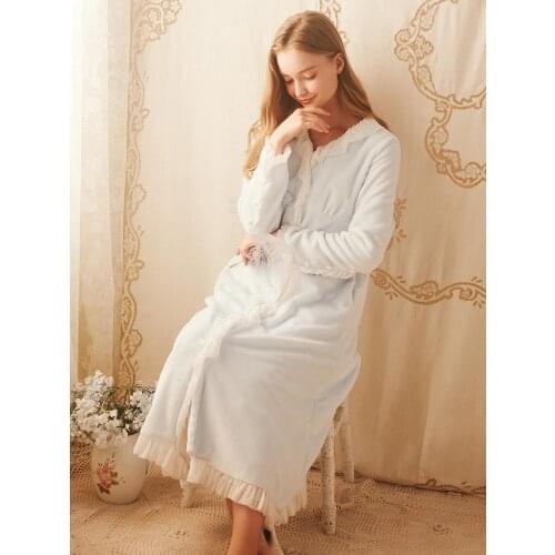 Free Shipping 2019 New Winter Robe Princess Nightgown Womens Winter Long Robe Blue and Pink Flannel pajamas