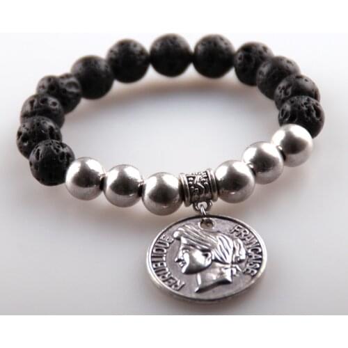 Free Shipping Fashion natual semi precious stone Lava bracelet and a big coin pendant charm women or men metal Bracelet