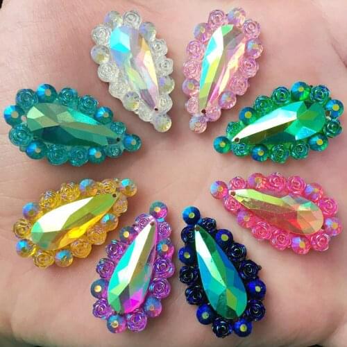 Shiny Colorful 50PCS 16mm*28mm Mix AB Resin Drop Rose Flatback Rhinestone Applique Wedding 2 Hole DIY Ornament Crafts