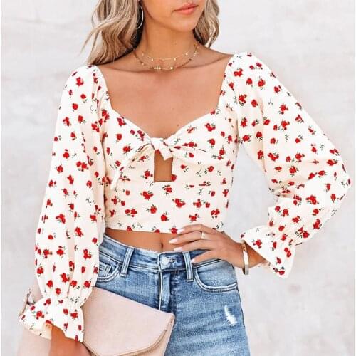 Summer Fashion Floral Print Women Crop Top Sweet Bowknot Lace Up Square Neck Female Blouses 2021 Spring Lady Long Sleeve Tops