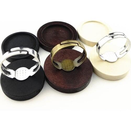 Jiangzimei 10pcs 20mm Wood Cabochon Stainless Steel Adjustable ring Base Settings Diy Blank Wooden Bezel for ring Making