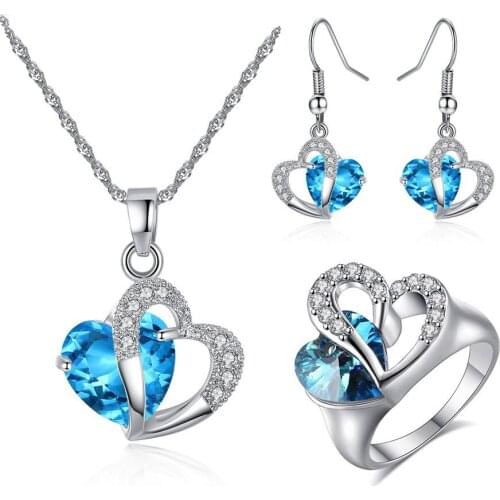 Devyes Silver Color Fashion Jewelry Sets Blue Cubic Zircon Statement Earring Necklace Ring Sets Wedding Pendant for Women Gift