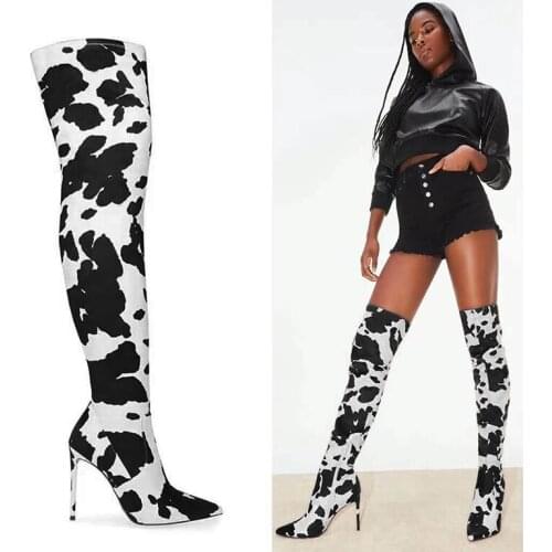 Cow Leopard Long Boots Women High Heel Boot Pointed Toe Sexy club Shoes Thigh High Over-the-Knee Boots