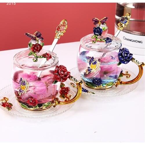 Enamel-colored Water Cups Glass Cups Flower Tea Cup Creative Trend European Style Coffee Cup with A Valentines Gift