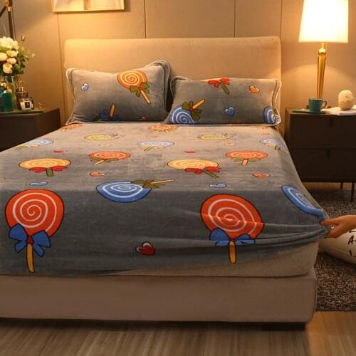 Candy Grey Flannel Bed Sheets Winter Warm Plush Fitted Sheet Soft Mink Cashmere Bed Linen Mattress Cover Elastic Bedspread