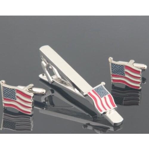 Classic USA Flag Cufflinks&Tie Clips Set America National Flag Cuff Links+Tie Clip Bar Pin Set Mens Gift Fashion Jewelry 10sets