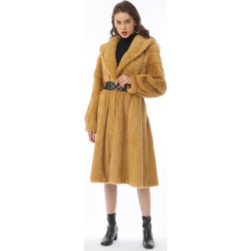 Winter Long Mink Fur Jackets with Sashes Full Pelt Real Mink Fur Skirt Hooded Coat Women Lantern Sleeve Luxurious Warm Outwear
