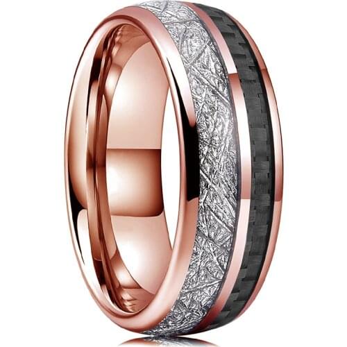 Fashion 8mm Mens Stainless Steel Ring Inlay Meteorite And Black Carbon Fiber Ring Polished Finish Mens Wedding Band Jewelry