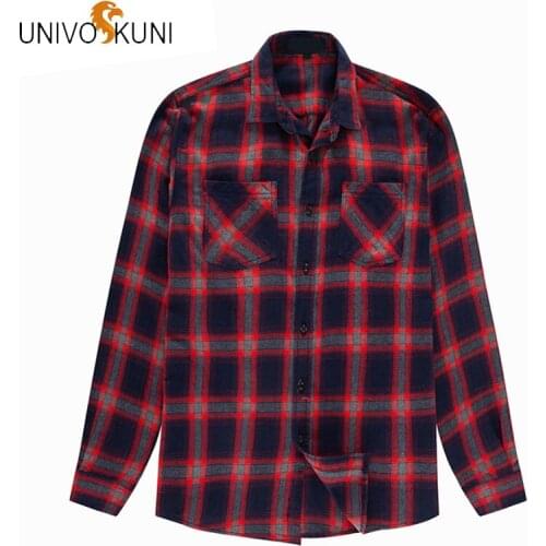 UNIVOS KUNI 2019 New Autumn Brand 100% Cotton Men Shirts Slim Fit Men Long Sleeve Shirt Men Plaid Casual Men Shirt Social J485