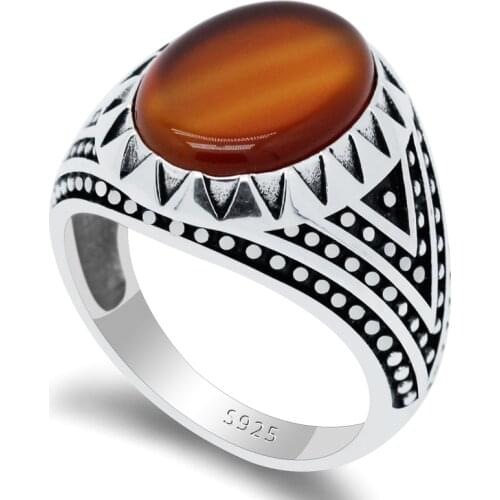 Natural stone ring mens 925 sterling silver agate stone antique hold lucky ring womens mens Turkish jewelry