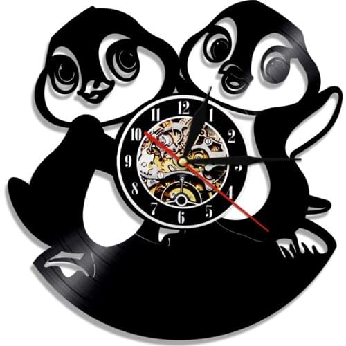 Penguin Wall Art Vinyl Record Wall Clock Gift For Animals Lover Penguin Baby Friends Wall Decor Watch Nursery Led Backlight