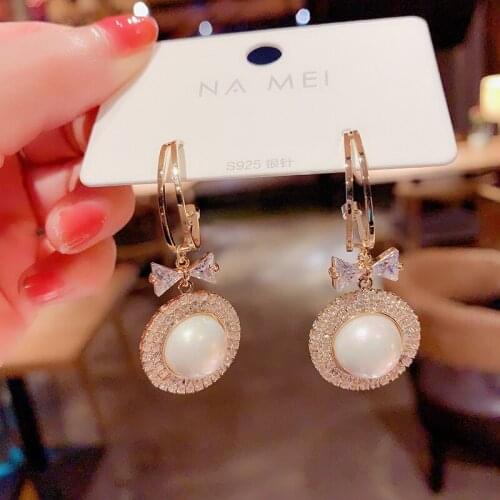 2021New Trend Korea Luxurious Micro-inlaid Zircon Bow-knot Hoop Rhinestones Earrings Designer Temperament Pearl Earring Jewelry