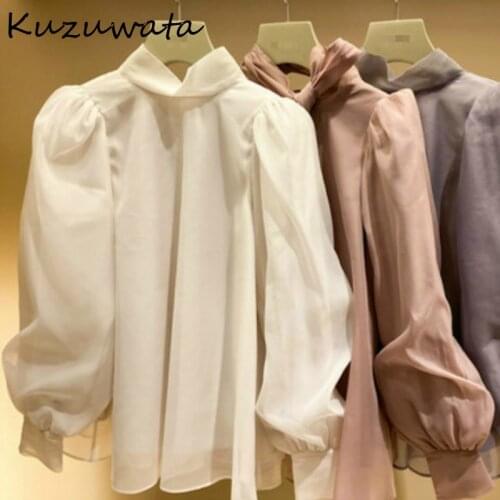 Kuzuwata Autumn Japan Style New All-match Women Blouse Sweet Stand Collar Puff Sleeve Chiffon Shirt Chic Bow Drawstring Blusas