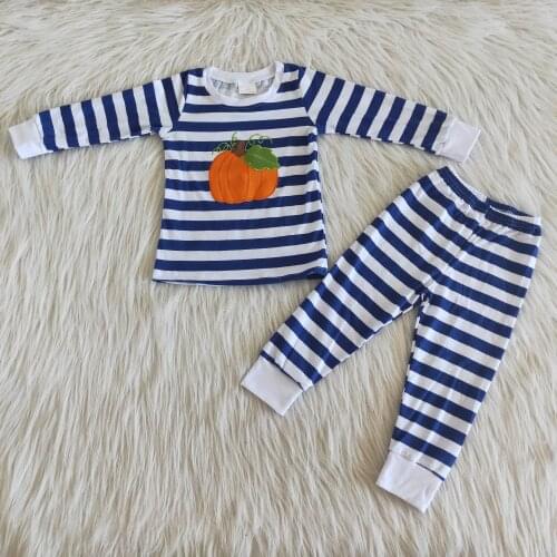 Thanksgiving style blue stripe applique pumpkin 100% cotton pajamas for boys girls