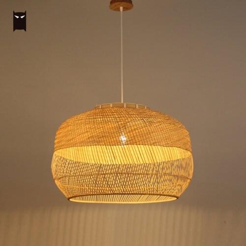 Handmade Bamboo Wicker Rattan Pendant Light Fixture Asian Rustic Country Nordic Scandinavian Large Big Round Hang Ceiling Lamp