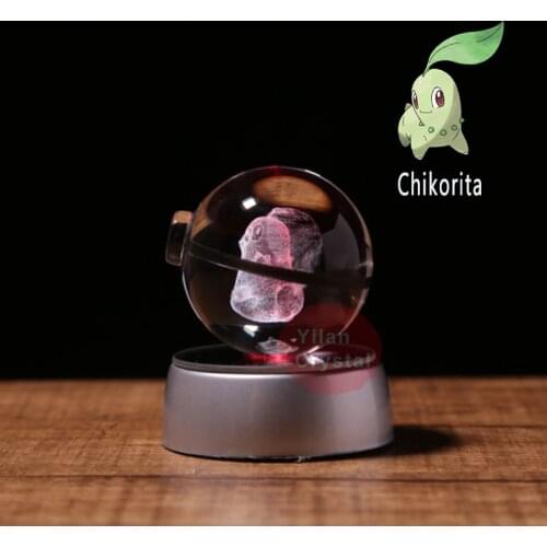 Pokemon Anime Figure Models Pokeball Clear 3D Engraving Chikorita Crystal Ball with LED Light