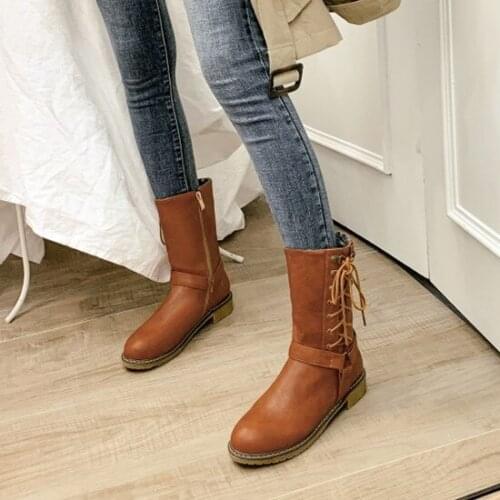 PXELENA Rome Lace Up Low Heels Knight Riding Mid Calf Boots Women 2019 Military Combat Gladiator Boots Ladies Shoes Plus Size