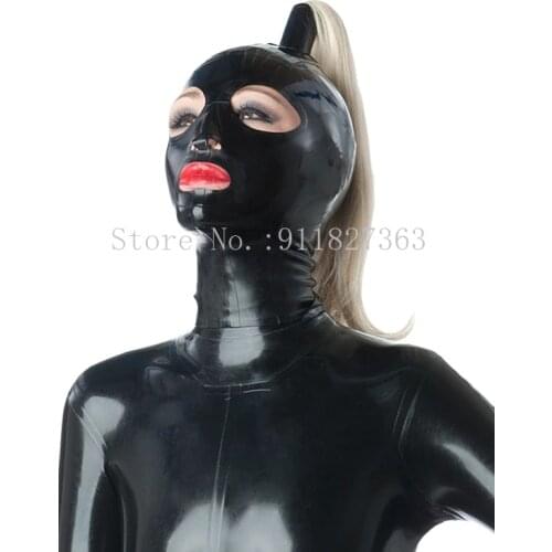 Handmade Nature Latex Hood Sexy Latex Full Face Mask Ponytail Cosplay Full Faced Hood With Rear Zip