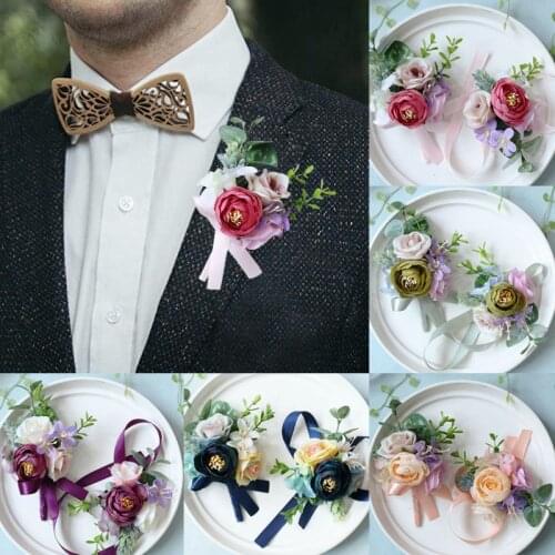 Wedding Silk Rose Flower Groom Boutonniere Bride Wrist Corsage High Quality Men Suit Shirt Brooch Women Hand Flower Decoration