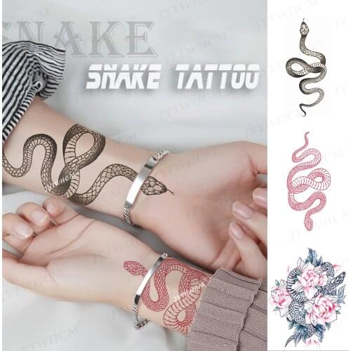 Snake Tattoo Stickers Temporary Waterproof Large Size For Women Men Girl Arm Waist Fake Tatto Dark Wine Black Snake Wolf Tattoo