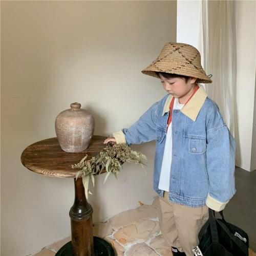 Korean style boys autumn corduroy turn-down collar denim jackets kids patchwork soft loose coats outwears