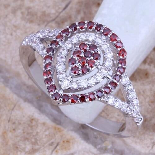 Delightful Red Garnet White CZ Silver Plated Water Drop Ring Size 6 / 7 / 8 / 9 E534