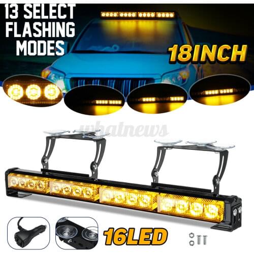 Bright 18" 16 Led Emergency Warning Flashing Strobe Light Bar Beacon Lamp for Truck trailer Front windshield Amber DRL