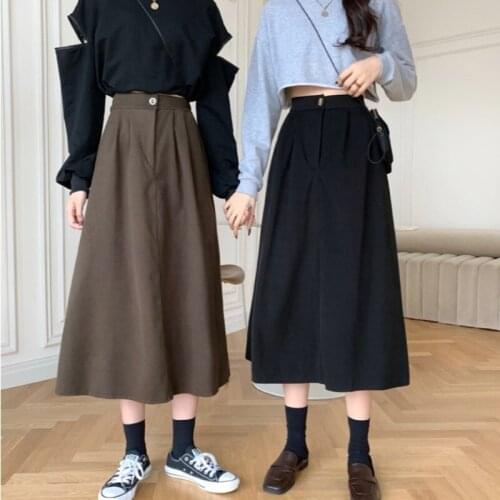 2021 Autumn Winter Woolen Cloth Long Skirts for Women Vintage Elastic Waist A Line Skirt Fashion Ladies Black Button Midi Skirts