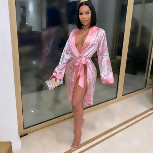 2021 Women Nightdress Print Bandage Lingerie Sleepwear Dress Robe Nightie Gown Bathrobe Kimono Satin Robes Women Sleepwear