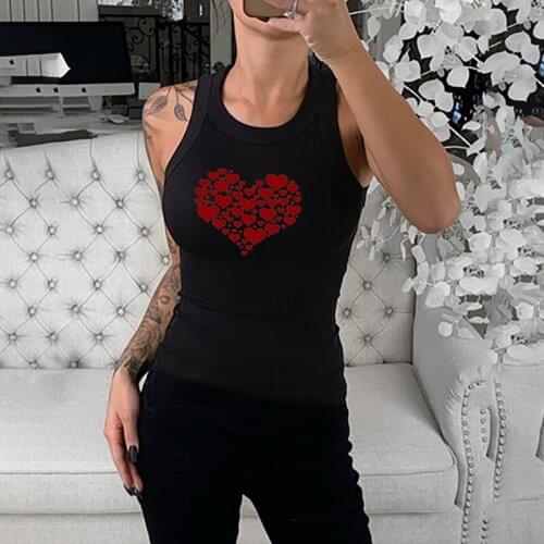 2021 Spring Summer O Neck Sleeveless Cami Top Tee Shirt Slim Knit Ribbed Racerback Blouses Casual Heart Print Tank Vest Tops
