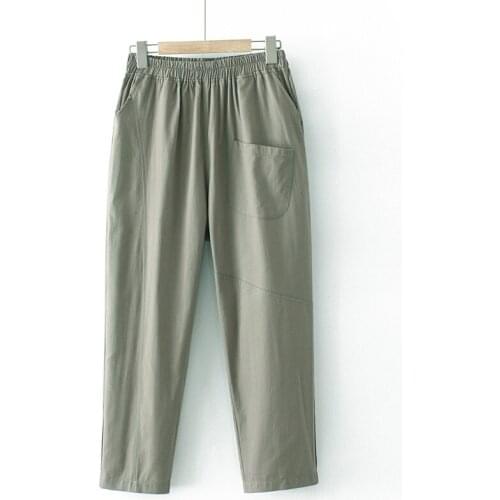 Plus Size XL-3XL Womens Full Cotton Pants Elastic Waist Slim Elegant Spring Summer Ankle Trousers