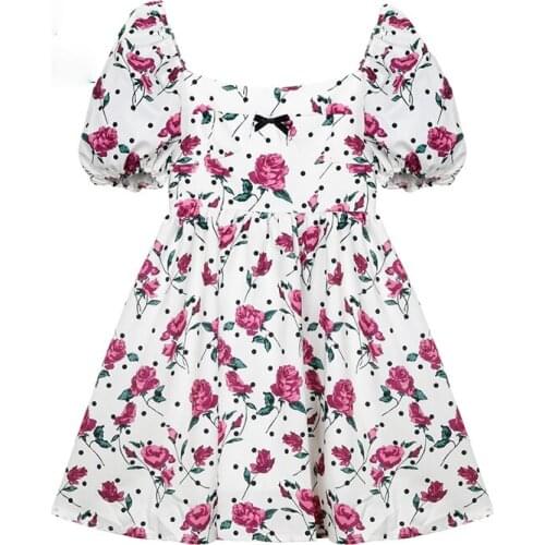 2021 Summer French Floral Print Square Collar Dress Women Elegant Vintage Sweet Puff Short Sleeve Mini Dress Ladies Vestido